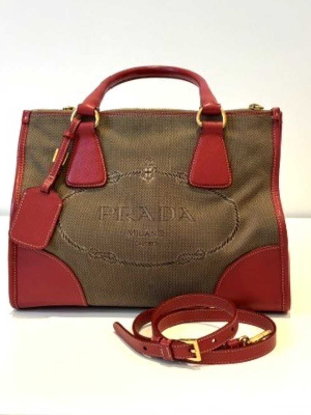 Prada Milano Logo Jacquard Canvas & Red Leather Tote Bag – Authentic